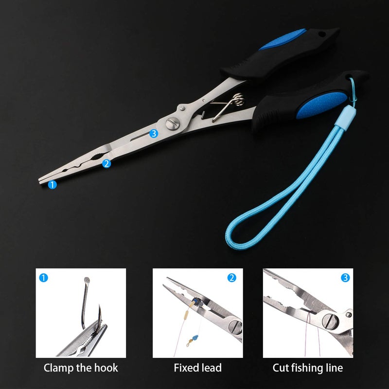 mouhike Fishing Pliers Long Nose Stainless Steel Fish Hook Remover Braid Cutters Split Ring Fish Pliers with Lanyard Fish Holder Ice Fly Fishing Gear Freshwater Saltwater Fishermen Gift (8.8inch.) - Image 4